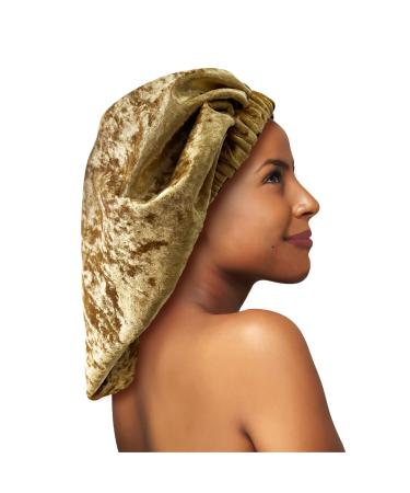 UNCN Large Golden Velvet Bonnet For Sleeping - Hair Bonnet For Curly Hair - Satin Bonnet For Long Braids - Bonnet With Elastic Band For Women Yellow