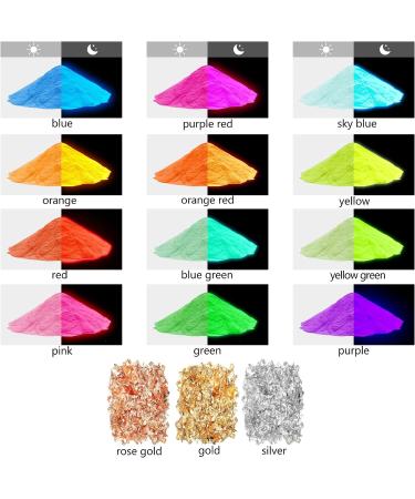 Glow in The Dark Pigment Mica Powder - 12 Colors + Gold Foil Flakes - Epoxy Resin Color Dyes for Art, Slime, Nail Art, Acrylic Paint - 20g/0.7oz + 2g - Buy Online on GoSupps.com