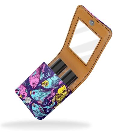 Leather Lipstick Case with Mirror - Mini Organizer for Lip Gloss & Lipstick | Colored Abstract Fishes Design - Buy Online on GoSupps.com