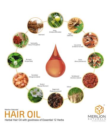 MERLION NATURALS Herbal Hair Oil with 12 Essential Herbs - Amla, Virgin Coconut, Sesame Seed | 200ml/6.7oz | 100% Pure & Natural - Buy Online on GoSupps.com