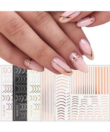 6 Sheet Gold French Fashion Line Nail Art Stickers Decals 3D Self-Adhesive Nail Decals Gold Line Silver Line Nail Decorative Stickers Nails Art Design Nail Supply Nail Art Luxury Gold Nail Decals Solid Color