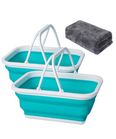 AUTODECO 2 Pack Collapsible Sink Gray/Blue/Green with Handle Towel, 2.37 Gal / 9L Foldable Wash Basin for Washing Dishes, Camping, Hiking and Home Blue and Blue