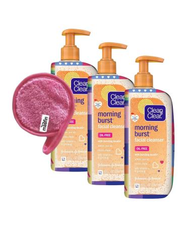 Morning Burst Oil Free Facial Cleanser 24 Fl Oz - Daily Face Wash With Vitamin C & Ginseng Non-Comedogenic Special Care Packaging - Bundle With Makeup Cleansing Cloth (3 Pack)