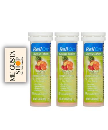 Glucose Tablets Relion Tropical Fruit Flavor 10 Ct Each Pack of 3 (30 Total) Includes Me Gustas Sticker (Tropical Fruit Flavor)
