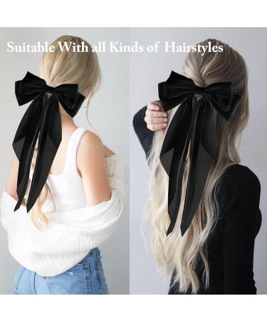 2 Pcs Big Hair bow Hair Bows for Women Bow Hair Clip Elegant Solid Color French Barrette Bows For Hair With Long Silky Satin Hair Barrettes Accessories Bow Hair Clips for Women Girls(Black+Black) - Buy Online on GoSupps.com