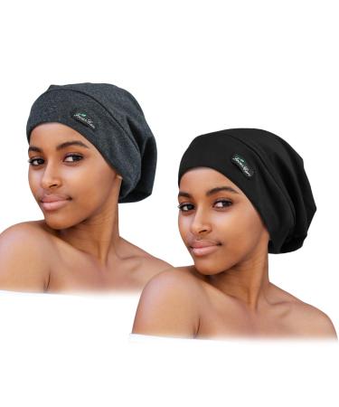 2 Pieces Adjustable Satin Lined Sleep Cap for Curly Hair Dreadlocks Braids Available Men & Women Black dark Health Gray 2