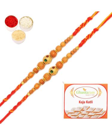 Ghasitaram Gifts Rakhi for Brother Rakhis Online - Set of 2 - Rs-128 Fancy Thread Rakhi with 200 GMS of Kaju katli
