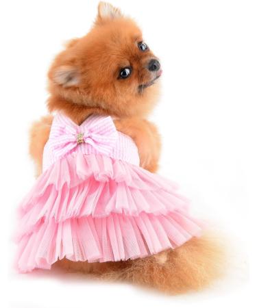 Pink Striped Denim Puppy Dress with Organza Bow and Beads - XS size (Chest 30cm/11.8, Back 20cm/7.9) - Summer Sleeveless Button-Up Dog Apparel - Buy Online on GoSupps.com