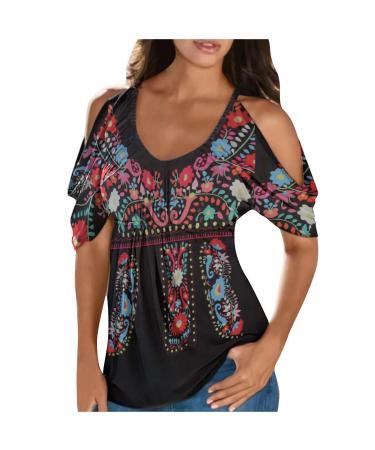Womens Summer Tops Cold Shoulder Western Shirts Ethnic Style Graphic Tee Aztec Dressy Casual Short Sleeve Blouses H-black X-Large