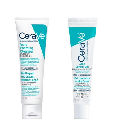 CeraVe 4% Benzoyl Peroxide Cleanser & Glycolic Acid Gel BUNDLE Acne Foaming Cleanser & Acne Control Gel Formulated with Salicylic Acid & Ceramides Suitable for Acne-Prone Skin Fragrance-Free