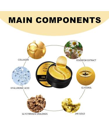 24k Gold Under Eye Patches - 60 Pcs Anti-Aging Eye Gels with Collagen & Hyaluronic Acid for Dark Circles Puffiness & Wrinkles - International Shipping Available - Buy Online on GoSupps.com