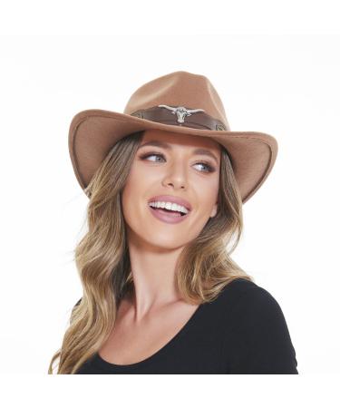 RainFlowwer Classic Cowboy Hat Men, Wide Brim Cowgirl Hat, Western Style Hat with Wide Belt for Women with 2 Hat Bands Brown