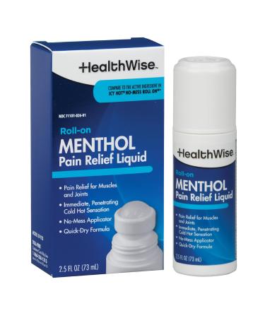 HealthWise 16% Menthol Roll-On | Cold Hot Sensation | Pain Relief Liquid | 2.5 oz. 73 mL | Non-Greasy Formula | Immediate Penetrating Action | Topical Analgesic