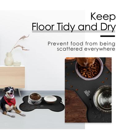 Waterproof Silicone Dog Food Mat | Non-Slip Pet Feeding Mat | Non-Spill Puppy Dish Tray | Bone-Shaped Black Mat - Small/Medium/Large - Buy Online on GoSupps.com