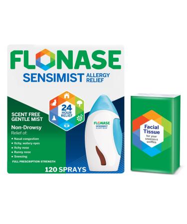Flonase Sensimist Allergy Relief Nasal Spray - Non-Drowsy 24HR Long Lasting Allergy Relief with Fine Scent-Free Mist - 120 Sprays Plus Bonus Pack of Tissues
