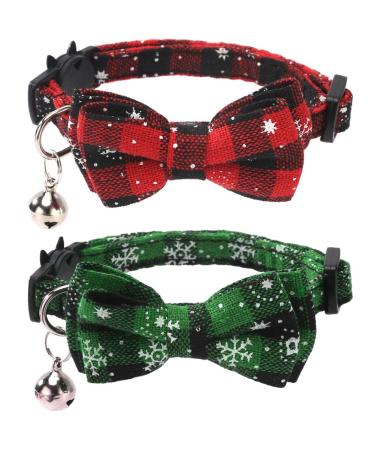 Lamphyface 2 Pack/Set Christmas Cat Collar Breakaway with Cute Bow Tie and Bell for Kitty Adjustable Safety Plaid Pattern 1