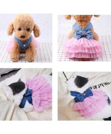 Pet Dog Dress XS Denim Pink | Bowknot Striped Mesh Vest Tutu Princess Skirt for Small Breed Dogs & Cats - VANVENE Apparel - Buy Online on GoSupps.com