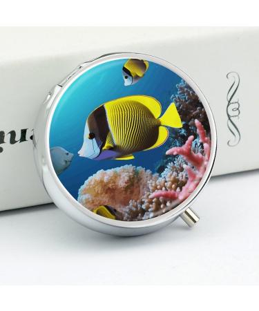 Round Tropical Fish Print Pill Box | 3 Compartment Portable Medicine Organizer - Stylish Metal Design - Buy Online on GoSupps.com