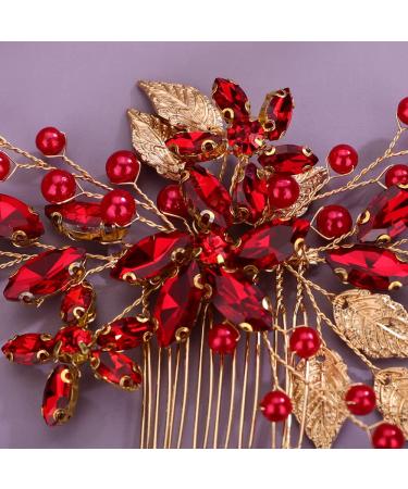 Teyglen Red Rhinestone Crystal Wedding Hair Comb - Bridal Hair Accessory for Women - Gold Silver Leaf Design - Buy Online on GoSupps.com