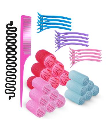 Rollicky Hair Rollers Set (32Pcs) - 18 Self Grip Velcro Hair Rollers for Long & Short Hair Volume & Styling (44+30+25mm) 12 Duckbill Hair Clips 1 Braider & 1 Comb 32 Piece Set