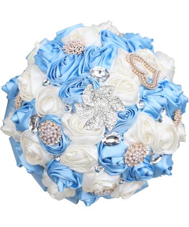 WIFELAI Silk Bridal Bouquet with Big Rhinestones and Diamond Brooch - Baby Blue Ivory, W373B-21 - Buy Online on GoSupps.com