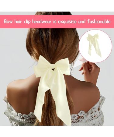 Nuqin Ribbon White Hair Bow White Bow Long Tail French Ribbon White Hair Bow Soft Silky Satin White Bow Hair Clip with Metal Clip for Party Women Girls(Off White) - Buy Online on GoSupps.com