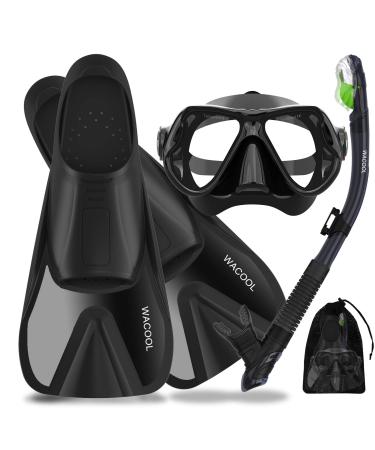 WACOOL Adults Snorkeling Snorkel Scuba Diving Package Set Gear with Travel Full Foot Short Swim Pocket Fins Anti-Fog Coated Glass Silicon Mouth Piece Purge Valve and Anti-Splash Black Medium
