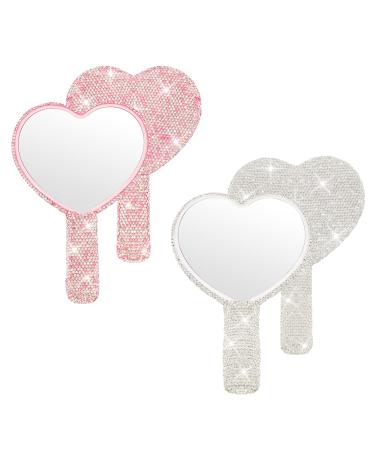 Tatuo 2 Pcs Rhinestone Handheld Mirror Adorable Bling Glitter Cosmetic Heart Dazzling Mirror Portable Hand Mirrors with Handle for Women Girls  Pink and White - Buy Online on GoSupps.com