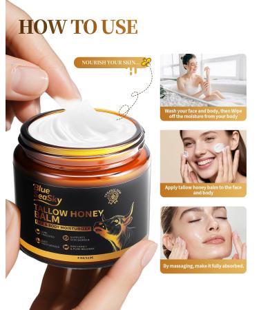 Blue Sea Sky Beef Tallow for Skin Handmade Whipped Beef Tallow for Face Cream Body & Face Moisturizer with Organic Grass-Fed Beef Tallow and Honey Balm Natural Formula for Dry & Sensitive Skin (4/OZ Unscented--Raw Honey - Buy Online on GoSupps.com