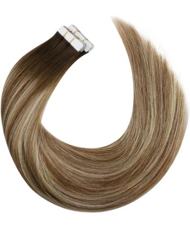 Moresoo 20 Inch Tape in Human Hair Extensions Dark Brown to Medium Brown with Platinum Blonde Highlights #4/6/613 - 20 Pieces/50g | Real Hair Seamless Tape Extensions - Buy Online on GoSupps.com