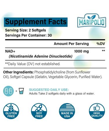 Liposomal NAD+ Supplement 1000 mg for Anti Aging and Cell Regeneration | Highest NAD Pontecy | Max Absorption | Pure NAD Supplement | Energy and DNA Repair Aging Defense Brain Function 60 Softgels - Buy Online on GoSupps.com