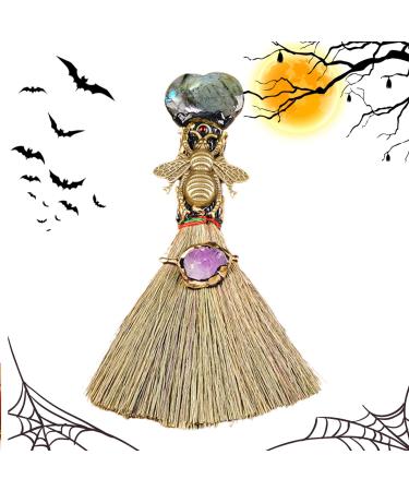 Broom Pendant | Natural Small Wiccan Ritual Broom Cute Car Pendant Handmade Crystal Wand Points Broom Miniature Home Decor for Halloween Decoration Frifer