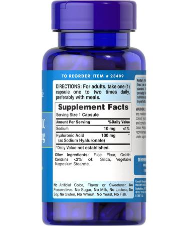 Puritan's Pride Hyaluronic Acid 100mg Capsules - 120 Count Pack for Skin Hydration - Buy Online on GoSupps.com