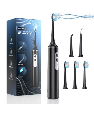 Water Dental Flosser with Electric Toothbrush, One Switch Between Tooth Brush & Water Floss, 3 in 1 Teeth Cleaning Kit with 4 Modes, Water Flosser Portable for Travel and Home (Black)
