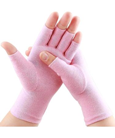 DRNAIETY 2 Pairs Compression Gloves Arthritis Gloves for Women & Men Carpal Tunnel Gloves Relieve Arthritis Pain Fingerless Design Breathable Moisture Wicking Fabric Comfortable Fit Pink L