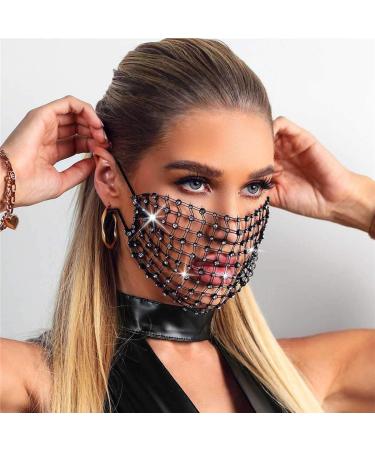 Urieo Sparkly Rhinestones Mesh Mask Elastic Chain Crystal Sparkle Masquerade Masks Halloween Ball Party Nightclub Rave Festival Venetian Mardi Gras Jewelry for Women and Girls(Black)…