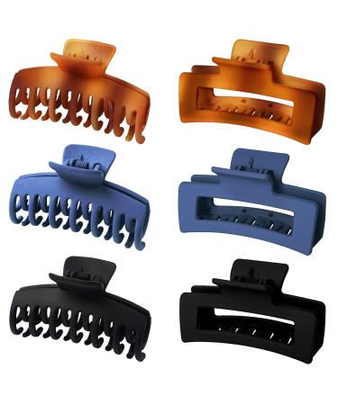Vsiopy 3.5 Inch Large Hair Clip for Thick Curly Hair 2 Styles Non Slip Claw Clip Thin Hair 6 Pack Matte Strong Hold Claw Clips Rectangle Claw Clips Double Row Hair Jaw Clips C Series: Brown Black Blue 6 Count (Pack of 1)