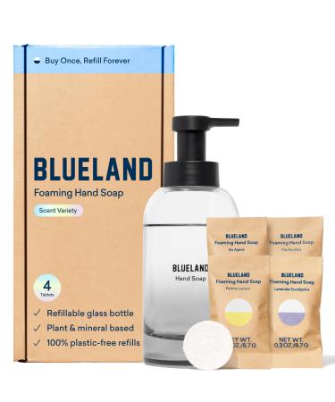 BLUELAND Hand Soap Starter Set 1 Refillable Glass Foaming Hand Soap Dispenser in Slate with 4 Refill Tablets Variety Scents 4 x 9 Fl oz Slate Starter Set | Variety