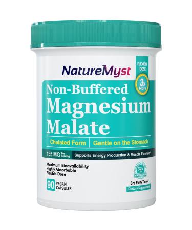 NatureMyst Magnesium Malate Chelated Form Highly Absorbable Non-Buffered Gentle on Stomach for Adults & Children Flexible Dose Energy Production Nerve & Muscle Function 90 Vegan Capsules