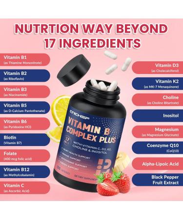 CNCHEF 17-in-1 Vitamin B Complex Plus Vitamin B1 B2 B3 B4 B5 B6 B7 (Biotin) B8 (Inositol) B9 B12 C D3 K2 Energy Immune Skin Nerve Support for Men & Women - 120 Capsules - Buy Online on GoSupps.com