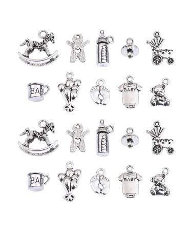 Airssory 100Pcs 10 Style Vintage Newborn Baby Charms Birthday Party Bottle Carriage Pacifier Balloon Rocking Horse Mini Charm for Jewelry DIY Craft Making Baby Charms_10 Style