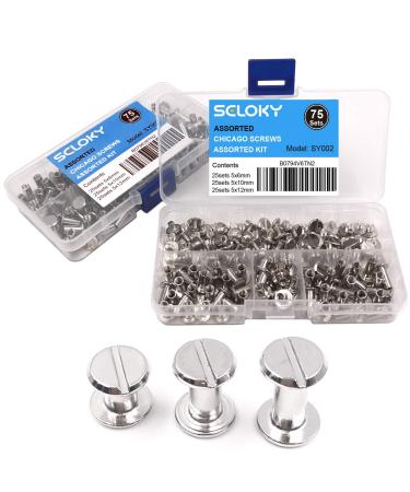 Seloky 75 Sets Silvery Chicago Screws Assorted Kit 1/4 3/8 1/2 Inches Screw Posts Metal Accessories Nail Rivet Chicago Button for DIY Leather Decoration Bookbinding Round Flat Head Stud Screw 3 Size 75 Sets (150 Pieces)