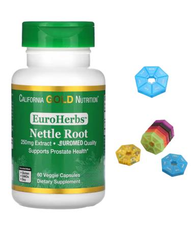 EuroHerbs Nettle Root Extract Compatible With California Gold Nutrition Euromed Quality 250 mg 60 Veggie Capsules + Bonus Pill Organizer Weekly Pill Organizer Mini