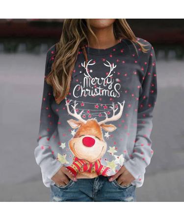 Women's Christmas Sweater | Santa Claus & Moose Print Pullover | Festive Long Sleeve Tops - Size 6 Gray - Buy Online on GoSupps.com