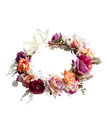 Brikuinr Rose Flower Crown Floral Wreath Headband Hair Wreath Hair Garland Flower Halo Floral Headpiece Boho with Ribbon Wedding Party Festival Rosy