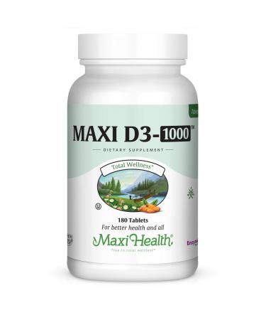 Maxi Health Vitamin D3 1000 IU Dietary Supplement - Easy to Swallow - Odorless & Tasteless - Supports Calcium Absorption Immune Health and Bone Health in Adult Women & Men - 180 Tablets Tablet 180 Count (Pack of 1)