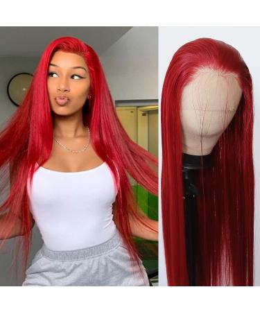 BTWTRY Red Synthetic Lace Front Wig - Long Straight Dark Red Heat Resistant Fiber Hair Wig for Women - Buy Online on GoSupps.com