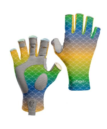 Fishing Gloves for Men and Women, Half Finger Gloves for Rowing, Sailing, Hiking, and Kayaking, Quick Dry UV Protection UPF 50+ Medium Fish Scale-Long Cuff