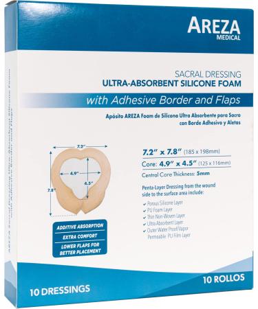 Areza Sacral Dressing 10 Per Box Ultra-Absorbent Silicone Foam with Adhesive Border and Flaps 7.2 x 7.8 Sterile 7.2 x 7.8 Inch