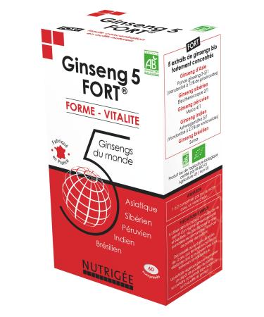 NUTRIG E - Ginseng 5 Strong - Fitness & Vitality - Reduces Fatigue Strengthens Natural Defenses Fights Different Stresses - 1 to 2 Takes/Day - 60 Tablets - 30/60 Days - Made in France